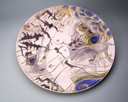 Platter with peacock and female figure